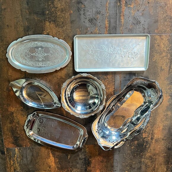 Lot of 4 Vintage Silver Plated and 2 Aluminum Serving Trays/Platters/Bowl - Picture 15 of 15
